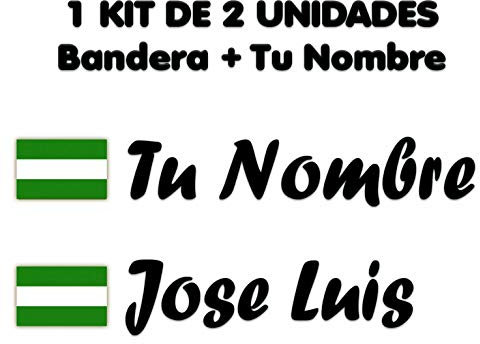 Pegatina Vinilo Bandera Andalucia + tu Nombre - Bici, Casco, Pala De Padel, Tablas Skate, Coche, Moto, etc. Kit de Dos Vinilos (Pack Fuentes 1)