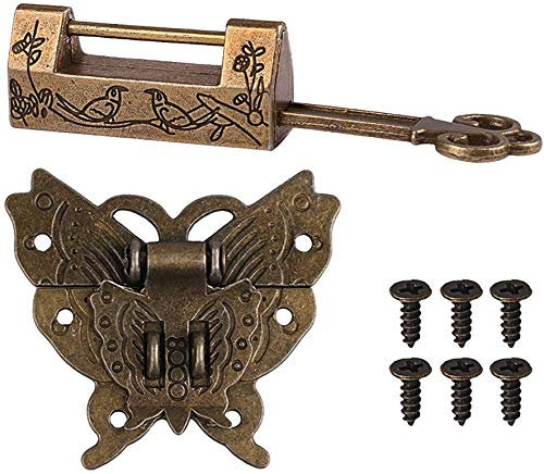 Chinese Carved Flower Bird Vintage Lock with Key & Butterfly Latch Hasp & Screws for Cabinet Jewelry Box Gift Box