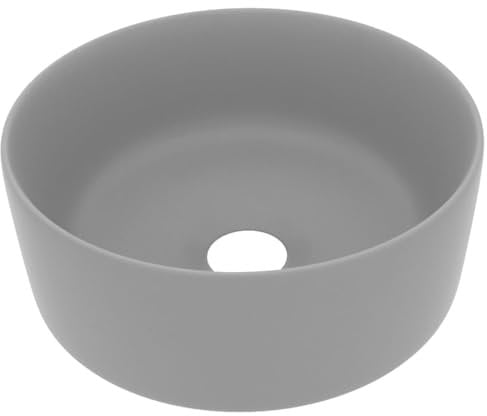 vidaXL Luxus Waschbecken mit Abflussloch Waschschale Waschtisch Aufsatzwaschbecken Waschplatz Handwaschbecken Rund Matt Hellgrau 40x15cm Keramik