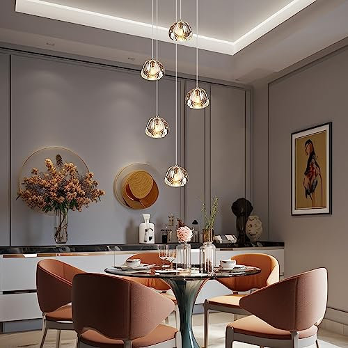 KJLARS Lustre Moderne En Cristal Pendentif Lumière LED Goutte De Pluie Suspensions Lumières Haut Plafonnier Luminaire pour Salon Salle À Manger Couloir Hall Escalier G4 Ampoules (5 lumières)