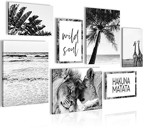 Novart- Tableau Décoration Murale- Palmiers- Explorer- Decoration Chambre Salon- Prêt à être Accroché- 7 Cadres de 30x40 & 20x30 cm- Noir- N013971a