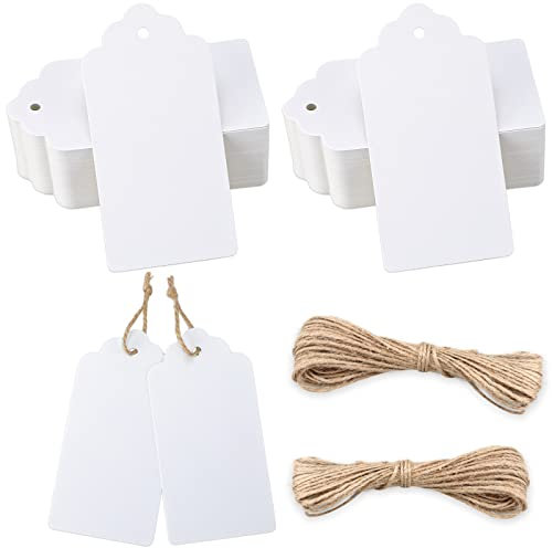 jijAcraft 200 Stück Weiß Geschenkanhänger, Groß Kraftpapier Anhänger Etiketten 5 x 10 CM, Anhängeetiketten mit Juteschnur, für Geschenkverpackung, Hochzeit, Lesezeichen, Weihnachten