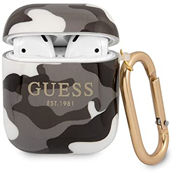 Guess Apple AirPods Cover Camouflage Schwarz Silicone Schutzhülle Tasche Case Etui