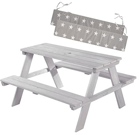 roba Ensemble de sièges d’extérieur pour Enfants Outdoor+ avec Coussins d’Assise – “Picknick for 4” – Salon de Jardin en Bois Massif résistant aux intempéries – 4 Places – Gris