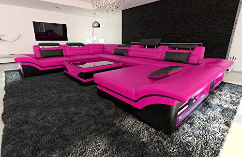 Wohnlandschaft Enzo XXL Sofa U Form Leder - mit LED Beleuchtung, verstellbare Kopfstützen, Recamiere/Lederfarben wählbar/Ausrichtung Ottomane wählbar (Ottomane rechts, Pink-Schwarz)