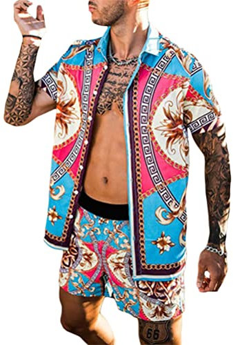 Tomwell Ensemble Survêtements Hawaiian Imprimé Homme Été T-Shirt à Manche Courte et Shorts 2 pièces Plage Casual Sportswear Fitness Jogging Mode Short à Cordon B Rose M
