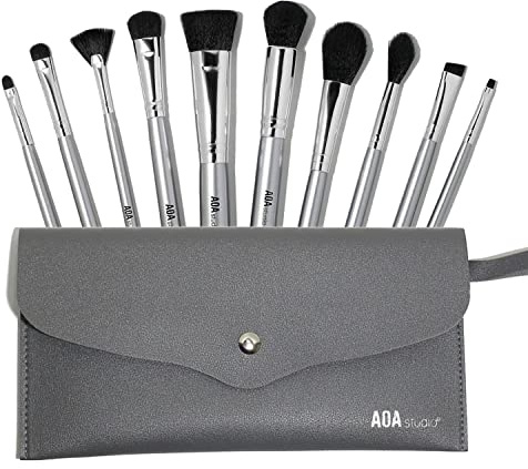 AOA Studio Lot de 10 pinceaux professionnels pour fond de teint, mélange, blush, poudre, kabuki (argenté)