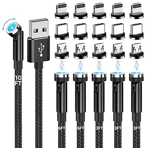 Ankndo Cable de carga magnético, cargador magnético giratorio de 540° [paquete de 6, 3 pies/3 pies/3 pies/6 pies/6 pies/10 pies] Cable de carga magnético 3 en 1 de nailon trenzado magnético USB para