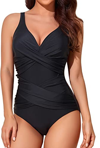 Smismivo Tummy Control Swimsuits for Women Slimming One Piece Bathing Suit Modest Padded Ruched Push Up Long Torso Curvy Shapewear V Neck Criss Cross Swimming Suits Full Coverage Swimwear (Black)