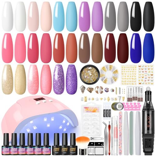 PEACECOLOR Kit Semipermanente Unghie 15 Pz Smalti in Gel con 36W LED U V Unghia Fornetto e Elettrica Frese per Unghie Soak off Base Coat Top Matte Coat Unghia Strass con gli Strumenti per Unghie DIY