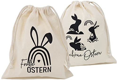 TOBJA Oster- Baumwollbeutel-Set mit süßen Hasenmotiven und Ostergrüßen - 2 Geschenksäckchen Ostern 25 x 30 cm, Osterdeko Schwarz aus 100% Baumwolle (SET01)