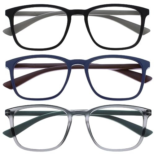 OPULIZE Max Lesebrille 3er Pack - Klassische große rechteckige Fassung - Brillen in mattem Schwarz, Blau und Grau - Herren Damen Unisex - RRR78-137 - +3,00