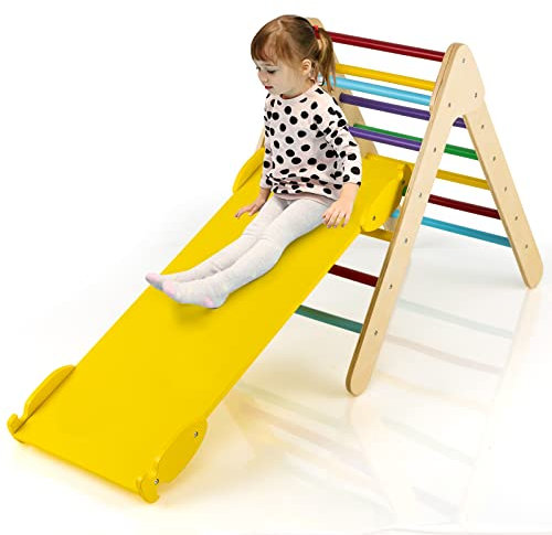 GOPLUS Triangle d'escalade avec Toboggan Rampe Réversible Montessori Bois pour Tout-Petits 1An + Aire de Jeux pour Chambre d'enfant Charge 50KG(Multicolore)