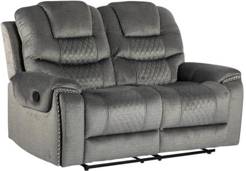 Grey Chenille 2-Seater Reclining Sofa | 160° Manual Dual Seat Lever Recline | Luxury Stitching & Brass Studs | Fabric Sofa with Thick Foam Arm Back & Head Padding | Small Space Loveseat | Ravenna