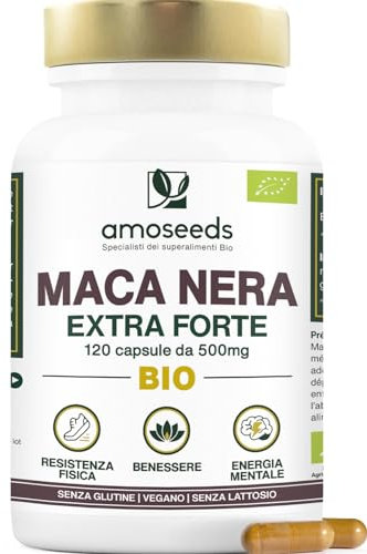 Maca Peruviana Nera BIO, 10 000mg al giorno | Estratto di radice di Qualità superiore | Equilibrio Ormonale, Energia, Benessere, | 120 Maca Capsule Vegane