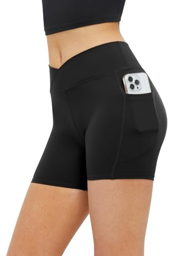 Glacspyg Radlerhose Damen mit Tasche Kurze Sporthose V-Taille High Waist Gym Shorts Kurze Leggings für Yoga Gym Fitness Laufen Schwarz XS