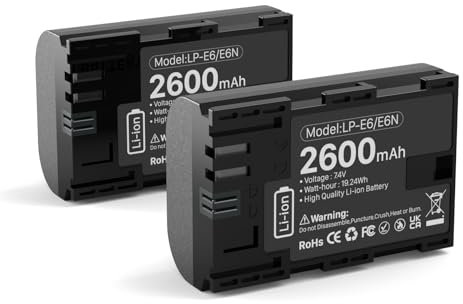 TQTHL 2 Stück LP-E6NH Hochkapazitiver 2600mAh Li-ION Akku, Ersatzakku für Canon EOS R, R5C, 5D Mark II, 5D III, 5D IV, 5DS, 5DSR, 6D, 7D, 7D II, 7D III, 80D, 70D, 60D, 60Da, XC10, XC15