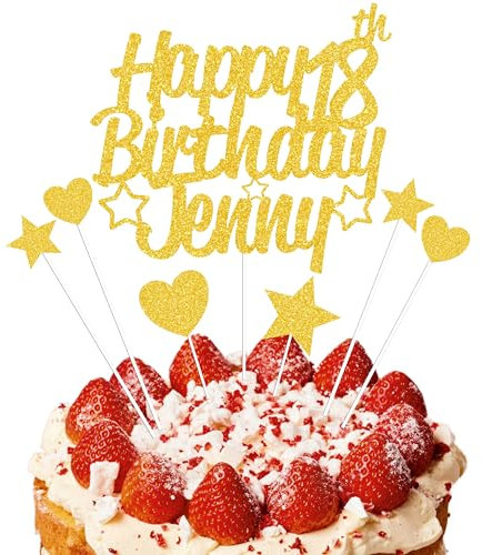 EKAM Personalised Happy Birthday Cake Topper, Customised with Any Age Name Party Cake Decoration, Glitter Card Cake Topper With Heart Star Cup Cake Toppers - 9Pcs (Prime, Gold)