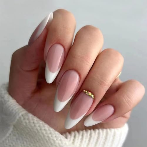 24pcs French Tip Press-On Nails - Medium Length, White Edge, Nude Pink, Removable Stick-On Nails