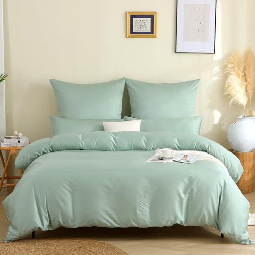 SOULFUL Kühlend Bettwäsche 200x200 Baumwolle, Mako Satin Bettwäsche-Sets mit Reißverschluss, Zertifiziert Oeko-TEX, Enthält 1 Bettbezug 200x200 und 2 Kissenbezug 80x80, NebelGrün