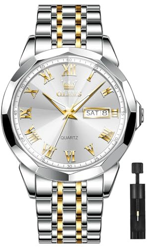 OLEVS Gold Silber Herrenuhr Luxus Wasserdicht Edelstahl Uhr Herren Großes Weiß Zifferblatt Mode Analog Quarz Uhren Geschenke für Männer Leuchtend Breite Handgelenk Armbanduhr Herren Römische Ziffern