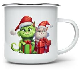MAXIKIWI Langlebige Emaille-Kaffee- oder Tee-Campingbecher für drinnen und draußen, weihnachtliche grüne Katzen, 350 ml