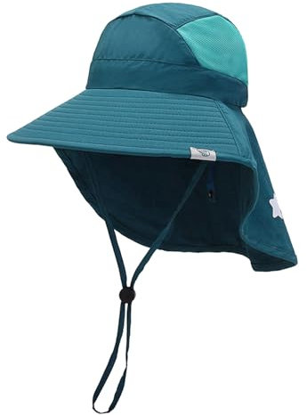 Schirmmütze Musselin mit Nackenschutz und Bindeband für Jungen - Soild Baby Mütze Sonnenkappe aus Baumwolle Outdoor Strand Verstellbare Schutz Eimer Mütze