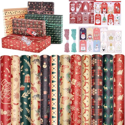 HOVIBU 12 Pièces Papier Cadeau Kraft de Noël Recyclable 70x50cm Avec 30 Cartes et 2 Rouleaux de 11m de Corde en Coton Pour Emballage Cadeau du Réveillon