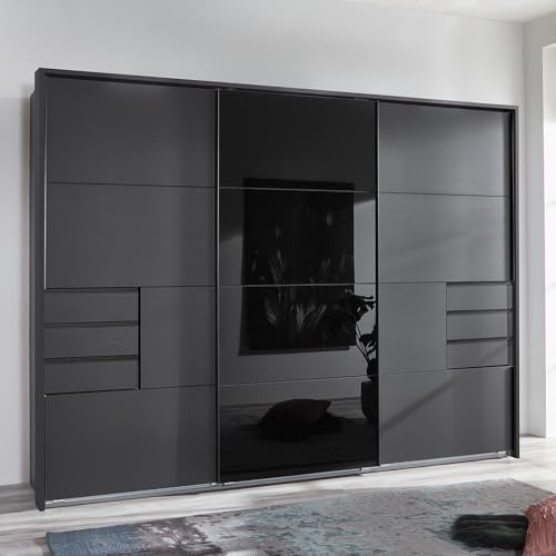 Lomadox Schlafzimmer Kleiderschrank Schwebetürenschrank 3-türig 270cm, inkl. Passepartoutrahmen, Graphit mit schwarzem Glas
