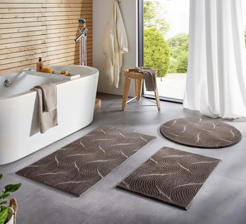 Taracarpet Badematte Homestyle rutschfest waschbar Badezimmerteppich Bad-Vorleger, WC Deko, Duschvorleger für Dusche und Badewannen sehr weich und als Set kombinierbar Anthrazit Dühne 080 cm rund