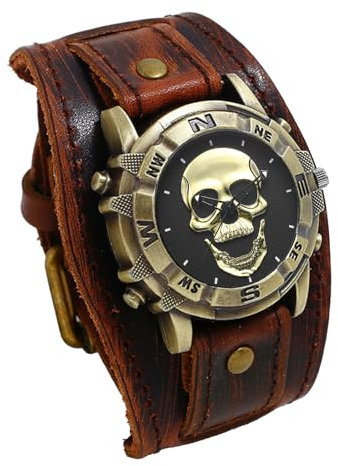 JewelryWe Herrenuhr Totenkopf Echtleder Uhr: Vintage Steampunk Gold Gothic Schädel Armbanduhr Herren Kaffee Breit Lederarmband Biker Sport Lässige Uhr für Männer Halloween Party