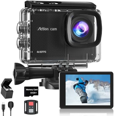 Cámara Deportiva 4K60FPS con Tarjeta 64GB,131FT Cámara Subacuática con 8X Zoom,48MP HD WiFi Videocámara 170° EIS Cámara de Acción,Camara Acuatica Sumergible con Mando a Distancia,2 * 1350mAh Baterías