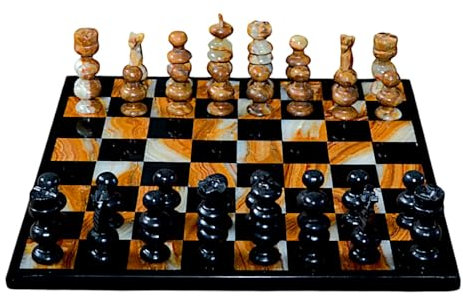 CBAM Schachbrett aus schwarzem Marmor und Onyx Marmor Top Chess Set and Decorated Pawns Home Decor Art Sculpture 35 cm