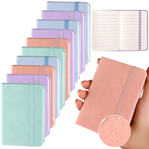 10 Pack Pocket Notebook Portable A7 Notebooks with Elastic Band Lined Paper Notepad 200 Pages 100 Sheets Soft Durable PU Leather Cover Memo Notebook Bulk Note Pads for Office School Travel(4 Colours)