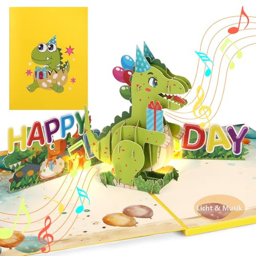 LIHAO Geburtstagskarte Kinder Geburtstagskarten mit Musik und Licht Pop Up Karte Geburtstag Dinosaurier Kindergeburtstag Happy Birthday Geschenk