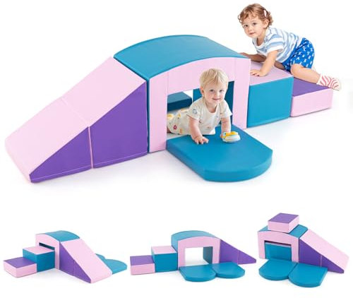 COSTWAY 6 TLG. Schaumstoffbausteine, Softbausteine mit Tunne, Treppe & Rampe, Riesenbausteine zum Klettern & Toben, Großbausteine aus Schaumstoff, Kletterblöcke Indoor für Kinder (Blau+Lila)