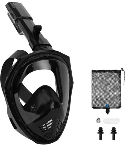 AOOSA Maschera Snorkeling Integrale Maschera Subacquea Con Staffa per Fotocamera, 180° HD Anti-Appannamento Anti-Perdita Maschera Integrale, Set da Snorkeling Pieghevole per Adulti, (Nero, S/M)