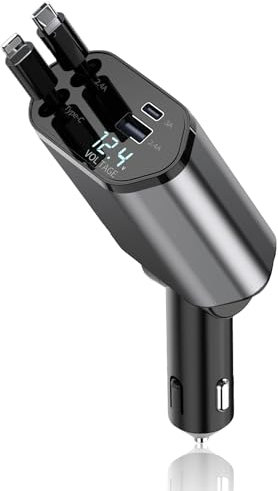 4 in 1 Retractable Car Charger 120W Car Charger Adapter with USB/USB-C Ports - Retractable Cables and Voltage Display Compatible with iPhone, Samsung Galaxy, Android