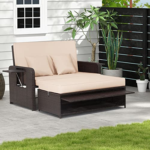COSTWAY Rattan Lounge Sofa, Lounge Möbel Outdoor, Gartensofa mit Liegefunktion, 2-Sitzer Gartenlounge mit Kissen & Seitenablagen, Polyrattan Gartenmöbel, Balkon Möbel, Balkonmöbel Kleiner Balkon