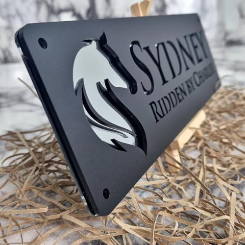Custom Horse Stable Name Plate Horse Name Plaque, Custom Horse Stall Acrylic Sign For Farm Barn Sign, Customized Outdoor Horse Name/Number Door Sign Gift For Horse Lovers(Black Silver)