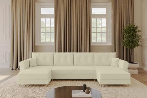 ALTDECOR Ecksofa in U-Form mit Schlaffunktion und Bettkasten Corner Sofa Bett Eckcouch Couch L-Form Schlafcouch Ausziehbar Wohnlandschaft Schlafsofa Cauchsofa APOL-U 300x140x90 Beige