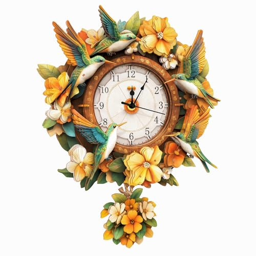 Lilcubics 3D Wooden Puzzles for Adults Mechanical Wreath Hummingbird Wall Clock Wooden Model Kits for Adults to Build Craft Kits for Men & Women, Unique Home Decor