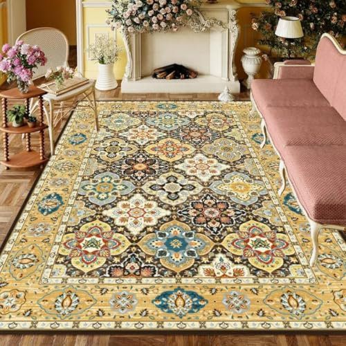 ROSURUG Deko Kinderzimmer Mädchen Gelb Wohnzimmer Teppich 140X200CM Matrix Blumenarrangement Muster Retro-Design antiallergisch