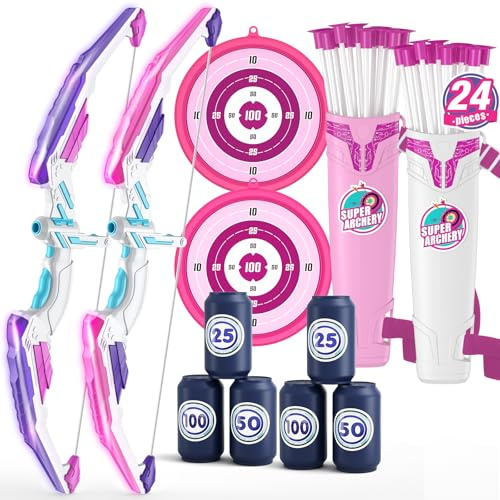 HYES Tir à l'arc Flèche et Arc Jouet pour Enfants, Kit de Tir à l'arc avec Lumières LED, flèches à Ventouse, Cible Debout, Flèches et Cibles de Score, Jouet d'Intérieur et d'Extérieur