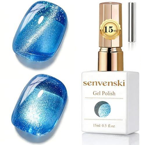 Senvenski Jelly Glass Cat Eye Gel Nail Polish with Magnet 15ML Magnetic 3D Galaxy Holographic Glitter Translucent Sheer Color Gel Polish Salon Home DIY (Ocean Blue, MY1-032)