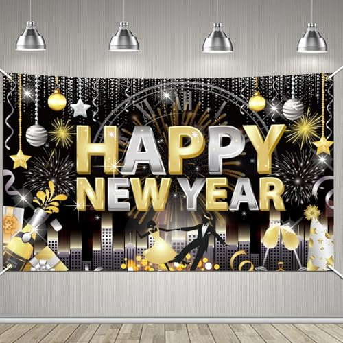 HOWAF Silvester Deko 2027 Silvester Banner, Extra GroßE Schwarzes Gold Happy New Year Banner Stoff Hintergrund für Happy New Year 2027 Deko Silvesterdeko Party Zubehör Neujahr Partydeko, 185 x 110 cm