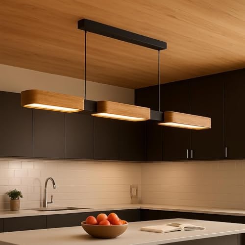 Epochglo Lustre Cuisine Moderne en Bois 90 cm, Suspension Luminaire LED pour Salle à Manger et Îlot Cuisine, Dimmable 3000K-6500K avec Télécommande et Fonction Mémoire