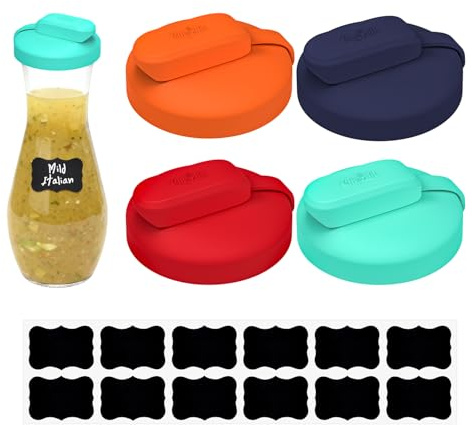 CHEFAID Silicone Replacement Lids Fit Good Seasons Cruet Bottle, 4 Pack | Shake It No Spills, Food Grade Silicone, Comes w/ Labels & Lids, BPA-Free, Airtight Seal, Reusable, Dishwasher Safe