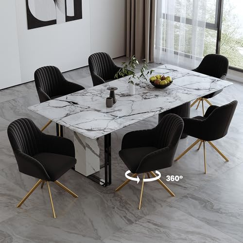Hawthyhome Esszimmerstuhl 360° Drehstuhl mit Armlehne 6er Set, drehbar Esszimmerstühle aus Kordsamt, Küchenstuhl mit Metallgestell und Rückenlehne für Esszimmer, Wohnzimmer, Büro, Schwarz/Gold