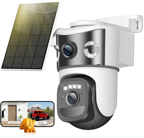 4K Caméra de Surveillance WiFi Extérieure Sans Fil,Double Objectif Camera Extérieur Solaire avec Panneau,355° PTZ,Vision Nocturne,Suivi Automatique,PIR Détection Humaine,Audio Bidirectionnel,IP66